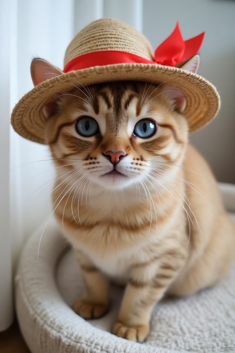 zhuangshi,ornamental,Clothes,IMG_1045,HEIC of a photo,
A close-up shot of a tan tabby cat with a straw hat on its head. The cat's eyes are blue, and the cat's whiskers are white, while its nose is pink. The hat is adorned with a red ribbon, and it is placed on top of a white pet bed. The background is blurred, and there is a white curtain on the left side of the frame.

