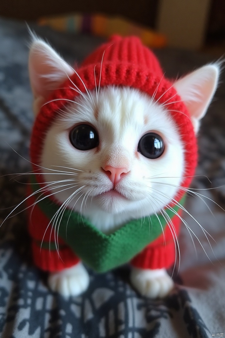 zhuangshi,ornamental,Clothes,IMG_1045,HEIC of a photo,
A close-up view of a white cat with black eyes, a pink nose, and white whiskers. The cat's eyes are tinted black, and the cat's head is adorned with a red and green knitted hat. The background is blurred, with a black and white patterned blanket in the background.


