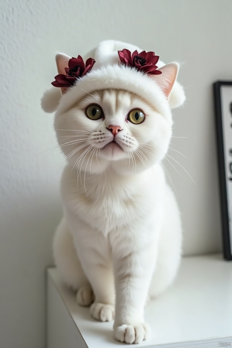 zhuangshi,ornamental,Clothes,IMG_1045,HEIC of a photo,
a white cat is perched on a white shelf, adorned with a fluffy white hat adorned with two maroon flowers. The cat's eyes are a piercing green, and its whiskers are a darker shade of brown. The shelf is positioned against a white wall, and a framed black and white painting is visible on the right side of the shelf, adding a touch of contrast to the scene.



