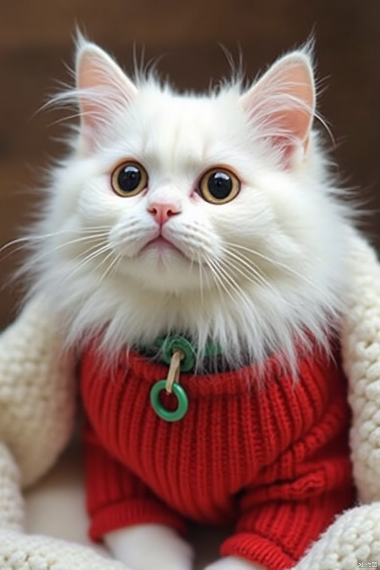 zhuangshi,ornamental,Clothes,IMG_1045,HEIC of a photo,
a fluffy white fluffy cat is adorned with a red heart-shaped sweater draped over its left shoulder. The sweater is draped in a white blanket, adding a touch of warmth to the scene. The cat's eyes are wide open, revealing a glimpse of yellow and black. Its whiskers are long, adding texture to its appearance. Its ears are perked up, adding depth to the composition. A green ring is affixed to its neck, adding color to the overall composition of the image. The backdrop of the scene is blurred, creating a sense of depth and composition.

