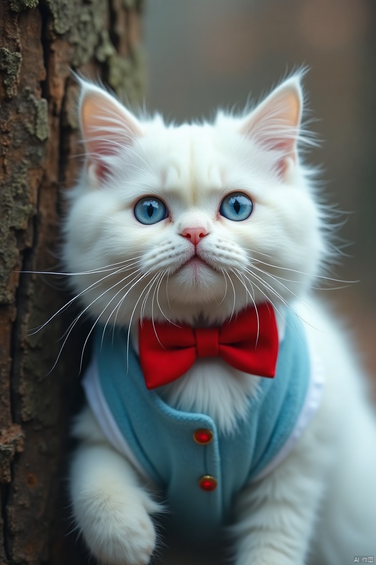 zhuangshi,ornamental,Clothes,IMG_1045,HEIC of a photo,
A close-up shot of a white cat with a red bow tie and a blue dress. The cat's eyes are blue, and the cat's whiskers are white. The background is blurred, and there is a tree trunk on the left side of the 
