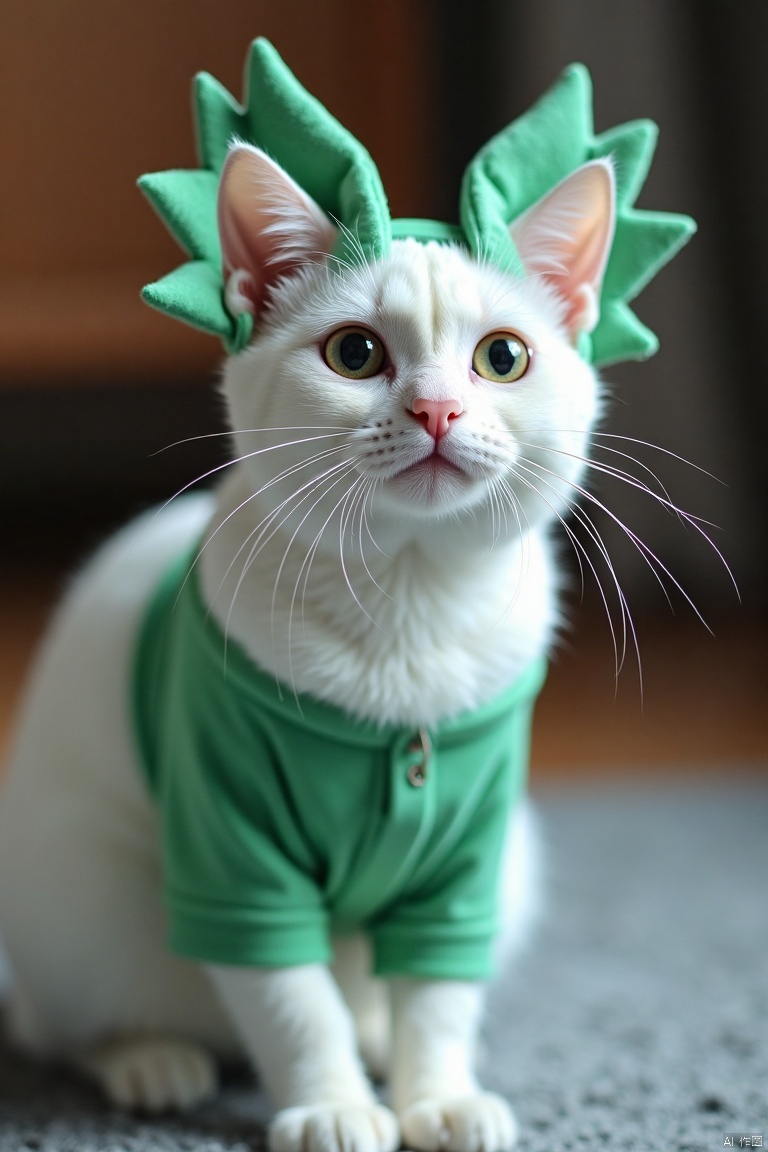 zhuangshi,cat,Cat Clothes,IMG_1045,HEIC of a photo,
A close-up view of a white cat with a green mask on its head. The cat's eyes are black, and the cat's whiskers are white. The background is blurred, but the cat is sitting on a gray carpet.


