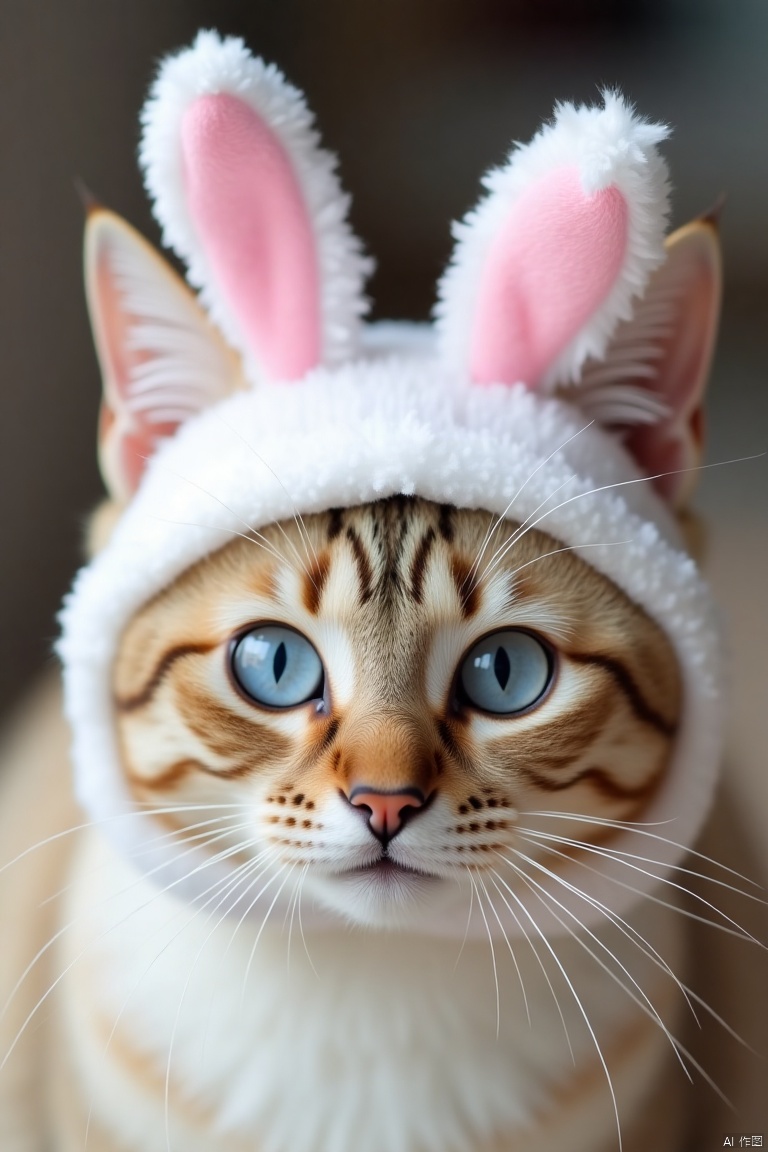 zhuangshi,cat,Cat Clothes,IMG_1045,HEIC of a photo,
A close-up shot of a tan tabby cat with blue eyes and a pink nose. The cat is wearing a white bunny hat with pink ears. The background of the cat is blurred, but it is out of focus.



