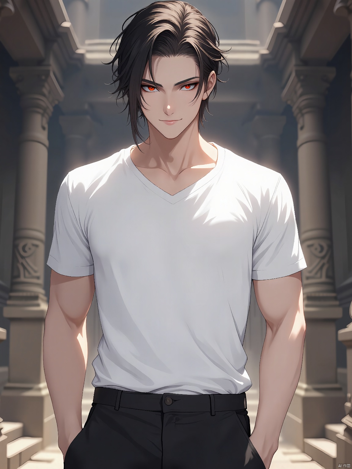 A male protagonist with sleek, dark brown hair and intense crimson eyes. He dons a white t-shirt tucked into fitted black pants. The background is a blur of an ancient temple, its stone walls adorned with intricate carvings.

