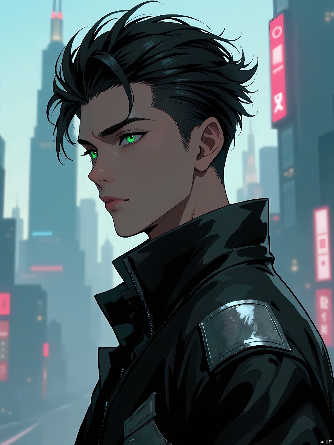 A male protagonist with tousled, dark hair and intense emerald eyes. He dons a leather jacket with silver patches, standing against a faintly blurred urban landscape of skyscrapers and neon lights.
