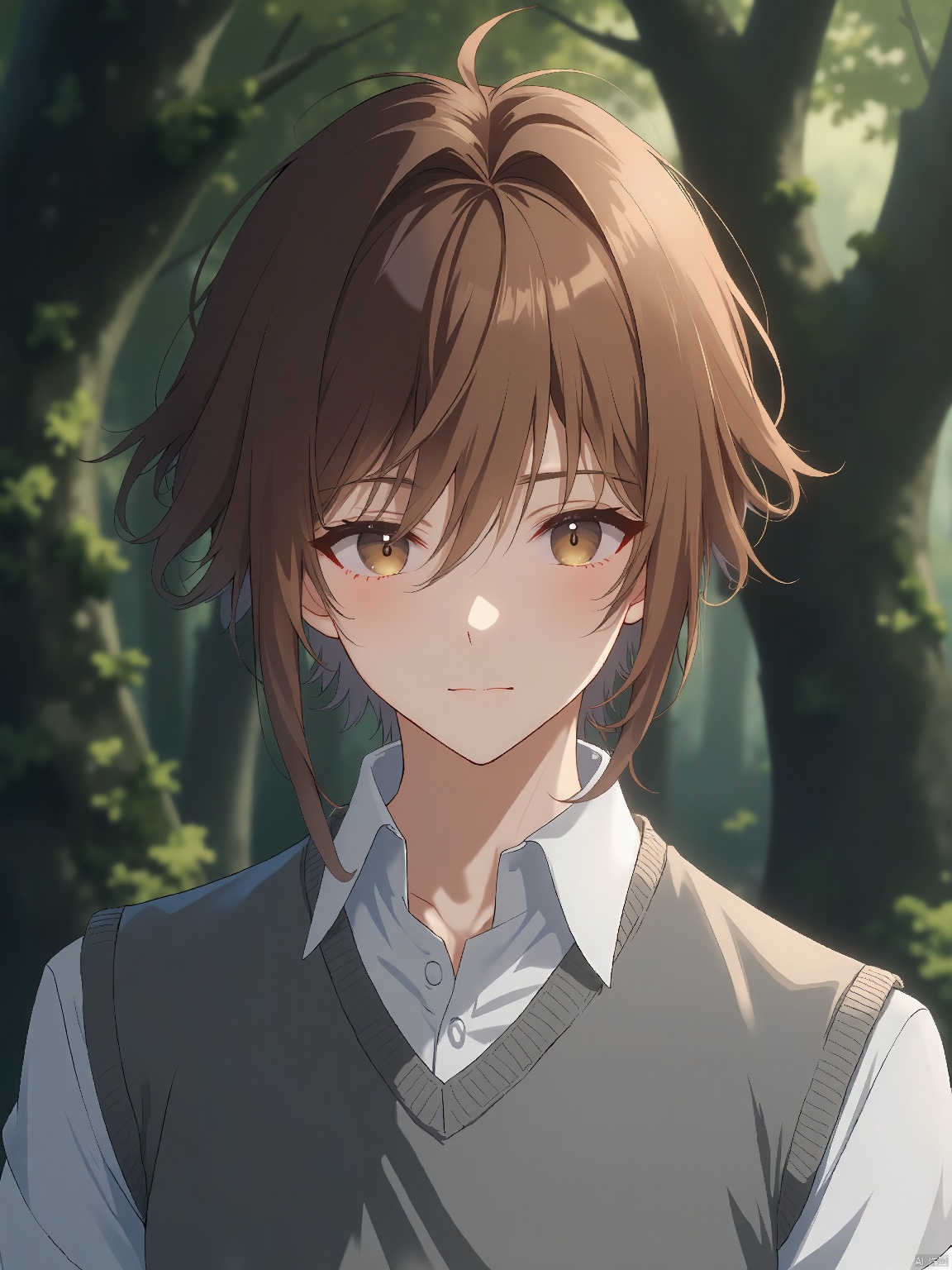 A male character with shoulder-length, chestnut brown hair and calm hazel eyes. He dons a gray sweater vest over a white dress shirt. The background is a blur of an ancient forest, its trees adorned with moss and ivy.
