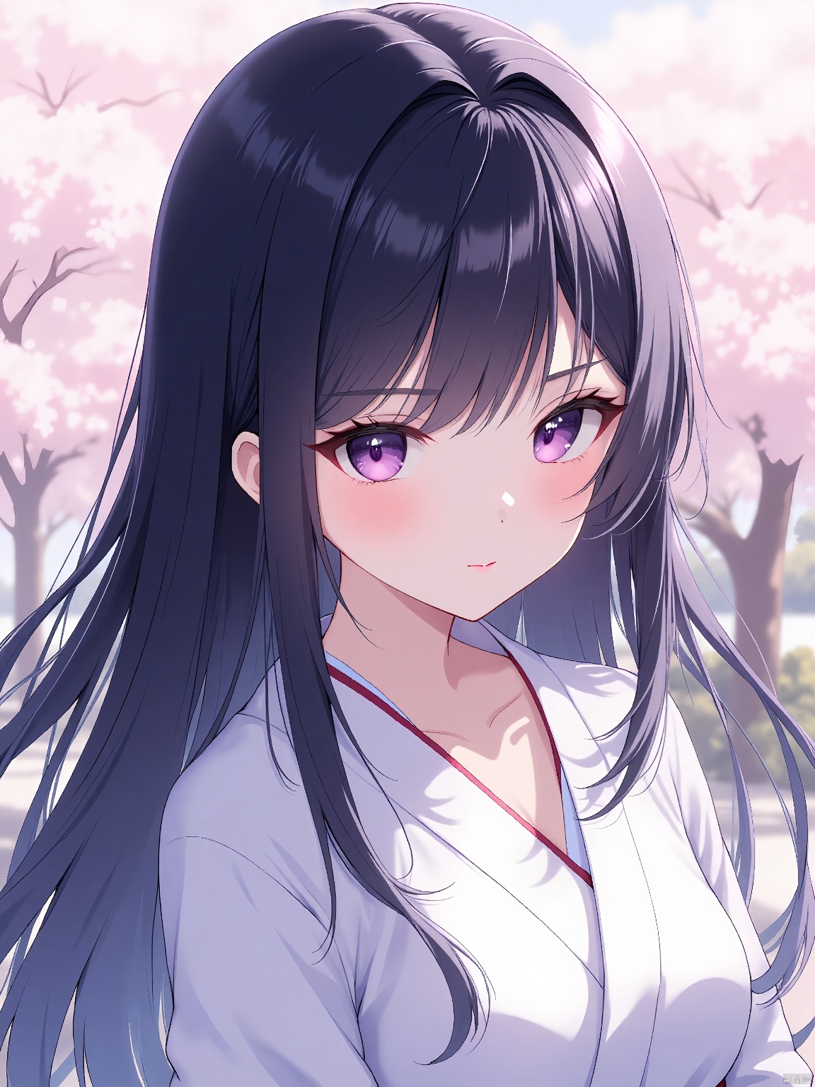 A female character with straight, jet-black hair and deep violet eyes. She wears a traditional kimono, adding a touch of elegance to her appearance. The background is a serene Japanese garden with cherry blossoms.