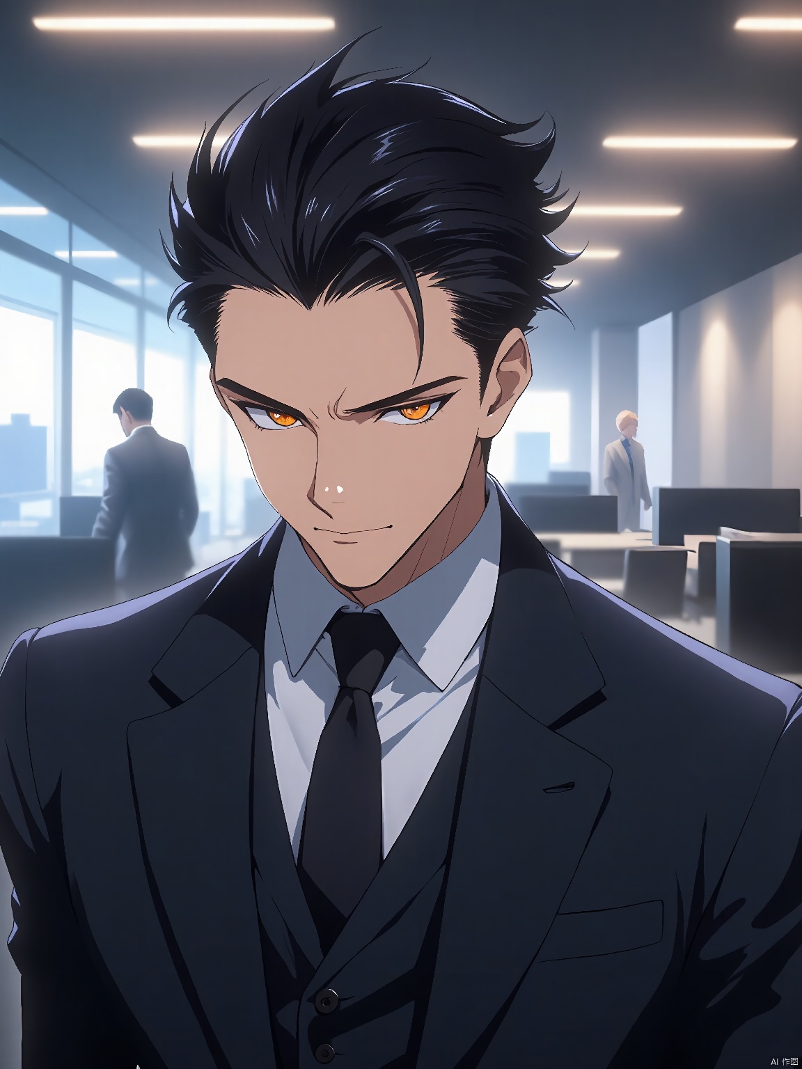 A male character with slicked-back black hair and intense amber eyes. He wears a tailored suit and tie, exuding power and authority. The background is a corporate office with sleek modern furniture.