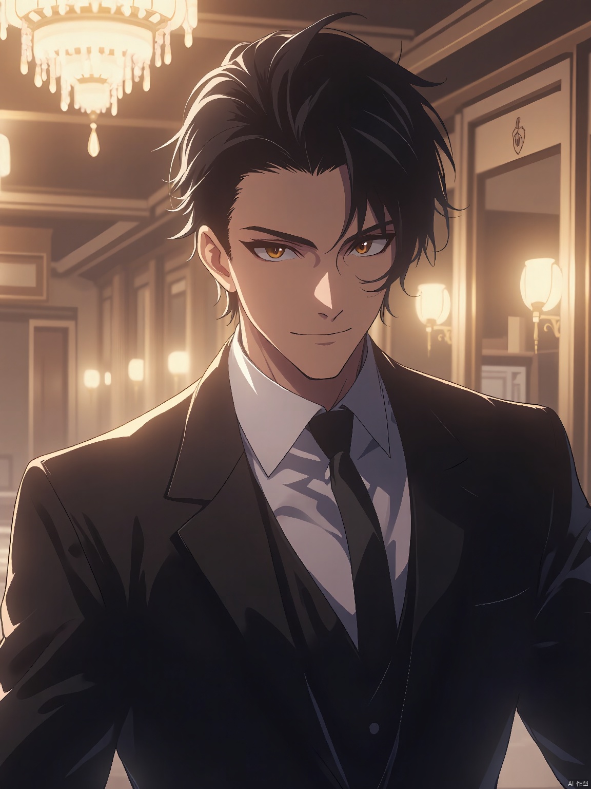 A male character with short, neatly trimmed black hair and intense brown eyes. He wears a formal suit, exuding confidence and sophistication. The background is a luxurious hotel lobby with crystal chandeliers.