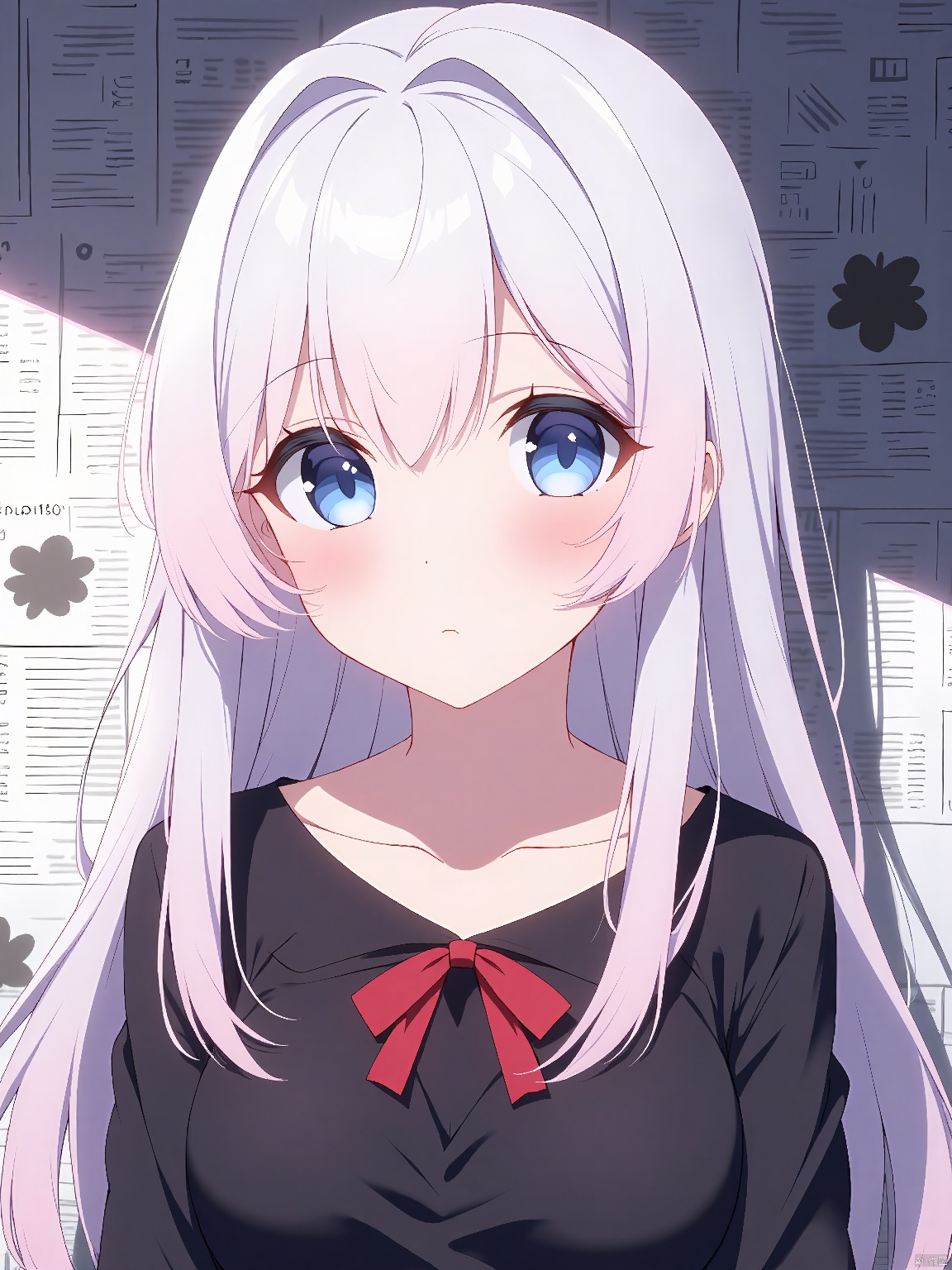 anime. face focus.,very long hair,
a woman character with white and light pink hair and blue eyes. She wears a black top adorned with red bows,adding a touch of playfulness to her appearance.,
The background is relatively blurry,with what appears to be a wall covered in white paper behind her,showing the outlines of newspapers. Light shines down from above,casting slanted shadows on the wall,and the black silhouettes form a striking contrast with the girl.,