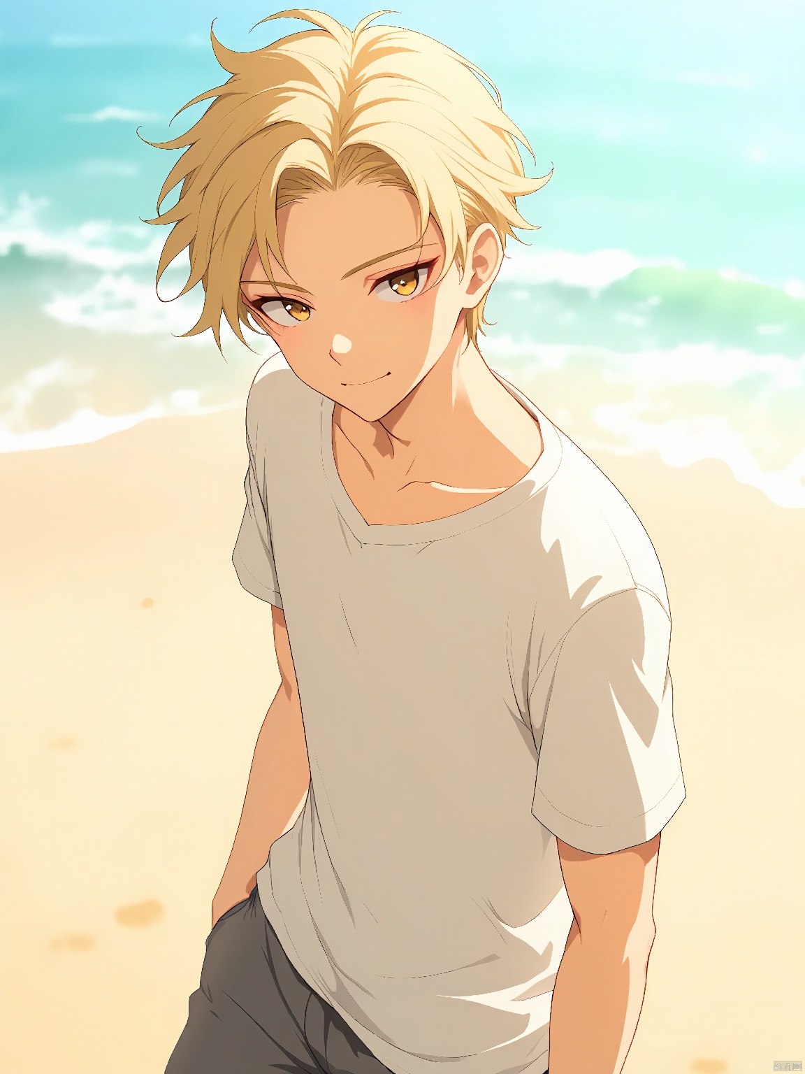 A male character with short, tousled blond hair and calm hazel eyes. He wears a simple t-shirt and shorts, making him look relaxed and carefree. The background is a sandy beach with the ocean in the distance.
