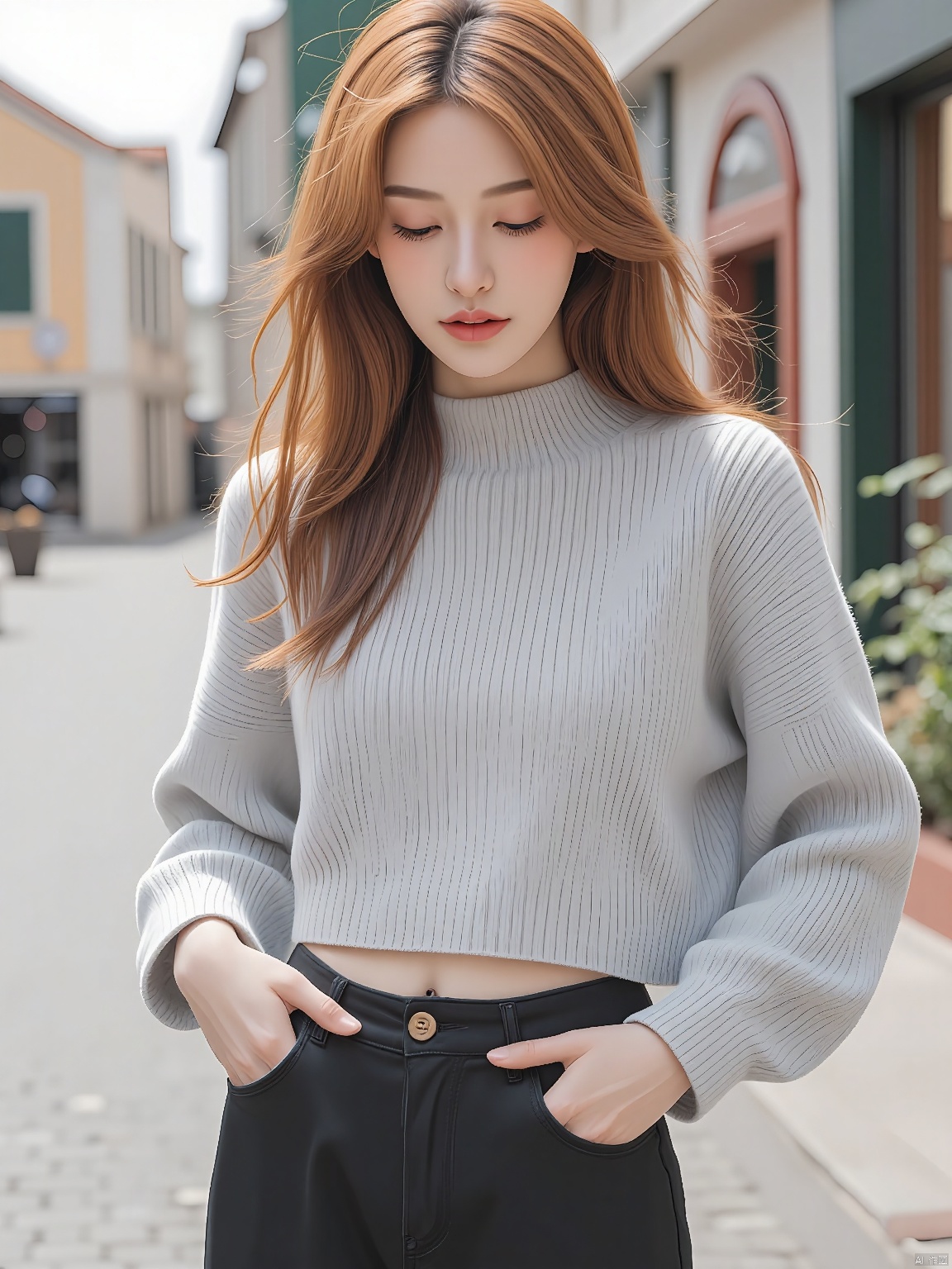 A high-quality, casual half-body portrait features a young woman in a cropped sweater. Her auburn hair falls in loose waves around her shoulders, and she looks down thoughtfully. The background showcases a quaint, cobblestone street lined with historic buildings.