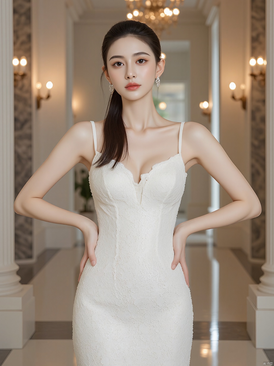 A sharp, relaxed half-body portrait captures a young woman in a lace dress. Her dark hair is pulled back in a chic ponytail, and she places her hands on her hips confidently. The background reveals an elegant, grand ballroom filled with chandeliers and marble columns.