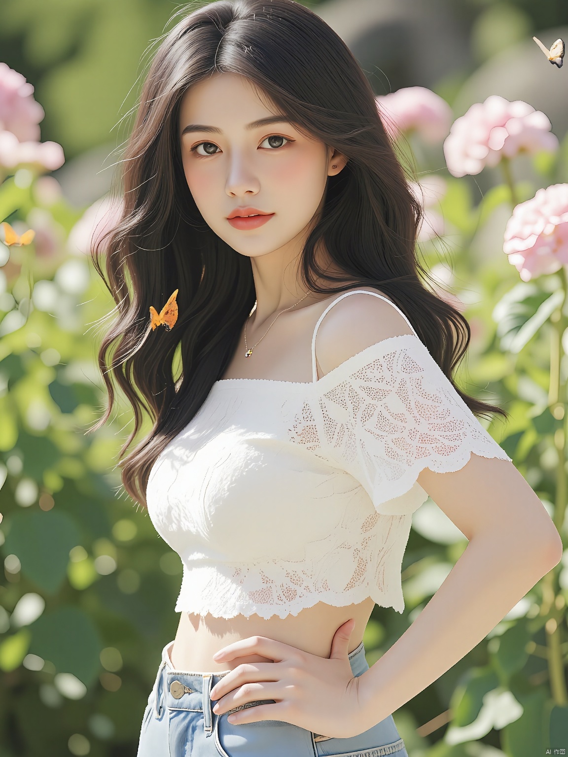 A high-resolution, casual half-body photo depicts a young woman in a lace top. Her raven-black hair is styled in loose curls, and she places her hand on her hip. The background reveals a serene, sunlit garden filled with blooming flowers and butterflies.