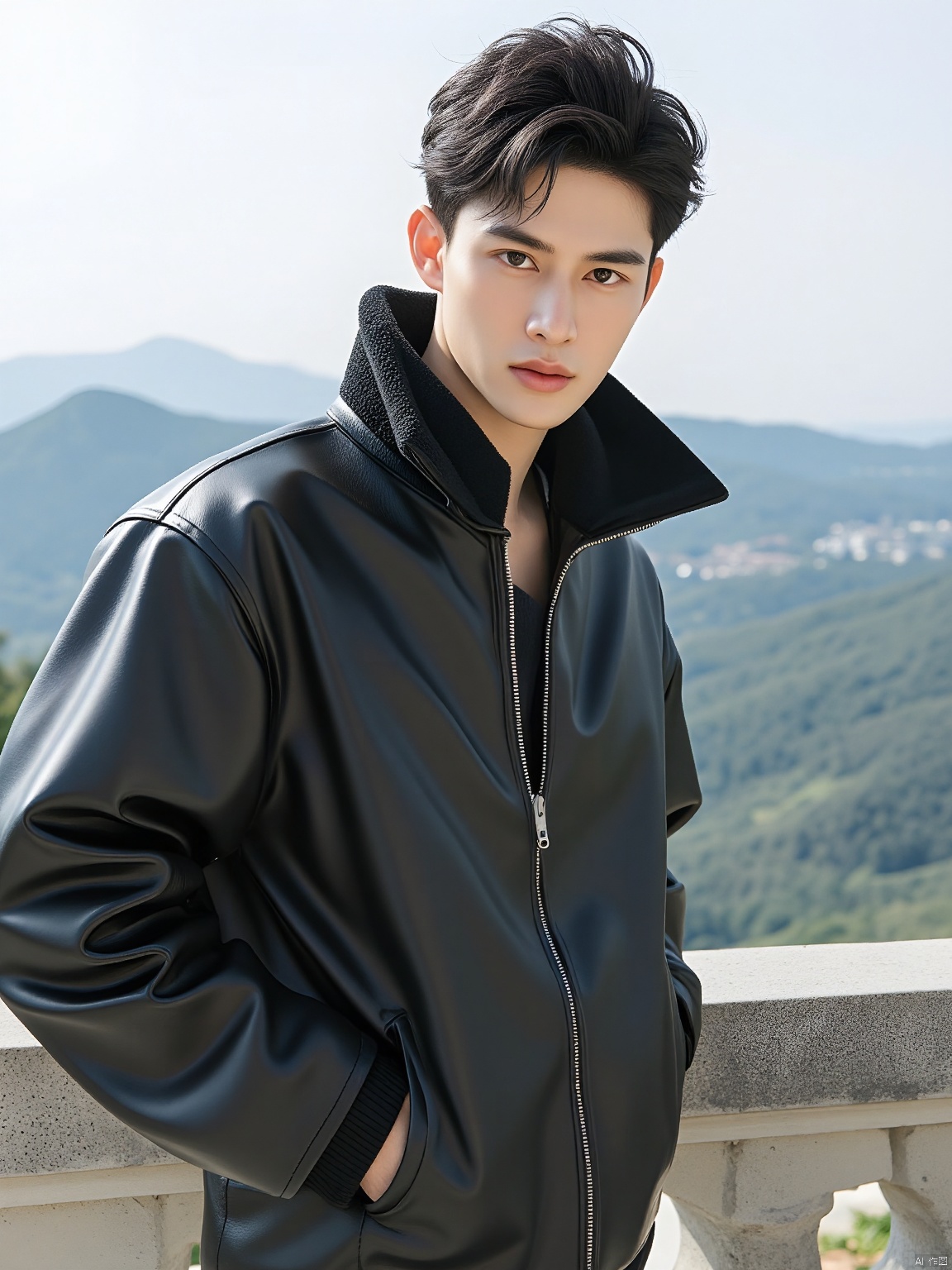 In a crisp, laid-back half-body shot, a young man wears a leather jacket. His dark hair is styled messily, and he places his hands in his pockets. The background reveals a scenic overlook with a breathtaking view of rolling hills and a distant city skyline.