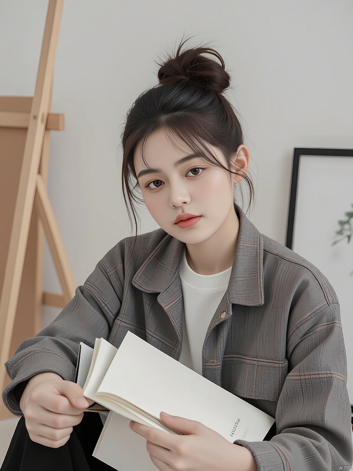 A high-resolution, casual half-body photo portrays a young woman in a plaid shirt. Her brunette hair is pulled back in a messy bun, and she holds a sketchbook in her lap. The background displays a quiet, artistic studio filled with easels and paintings.