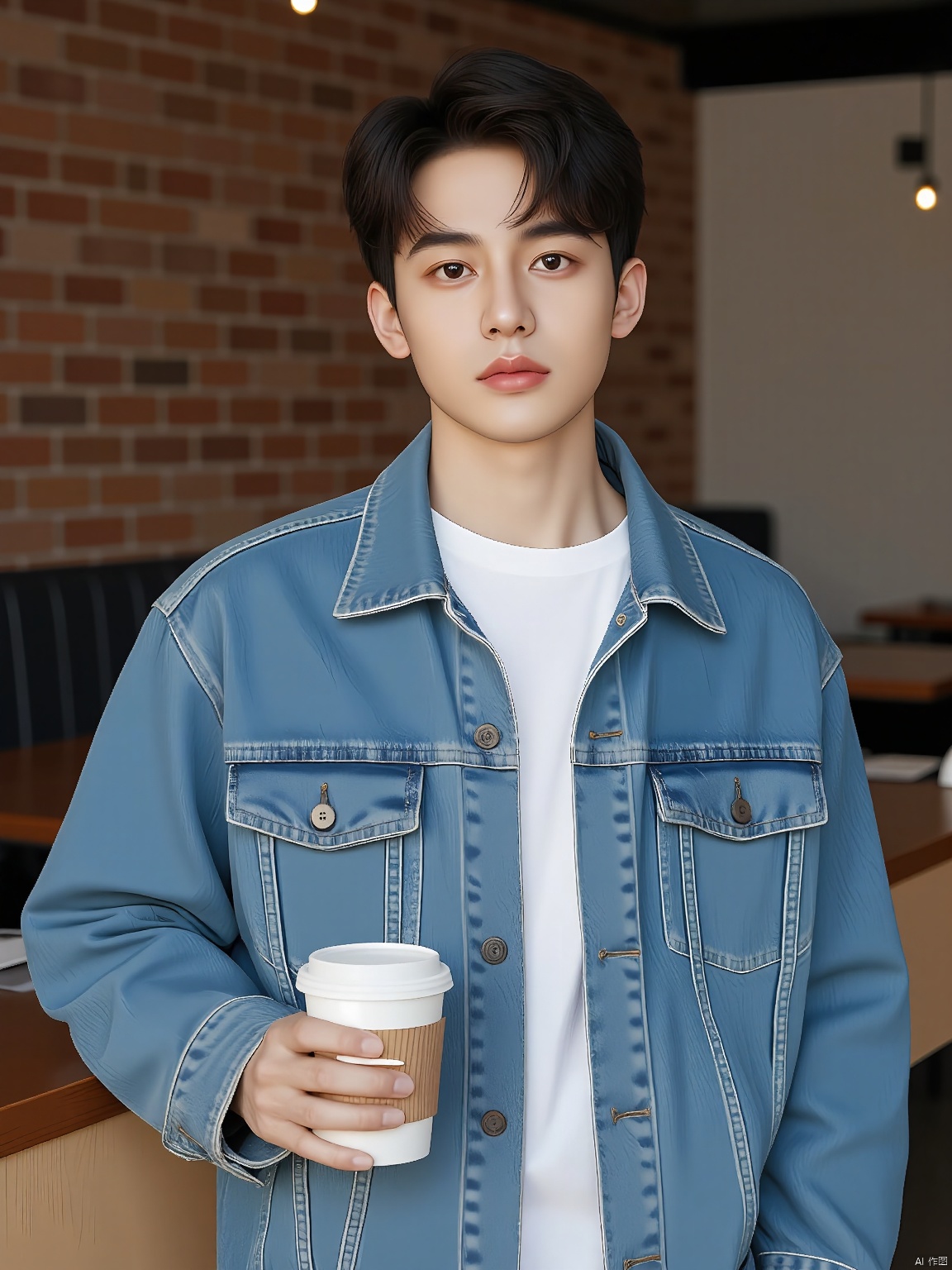 In a high-definition, laid-back half-body shot, a young man wears a denim jacket. His dark hair is styled casually, and he holds a coffee cup in his right hand. The background displays a cozy café interior with exposed brick walls and wooden tables.