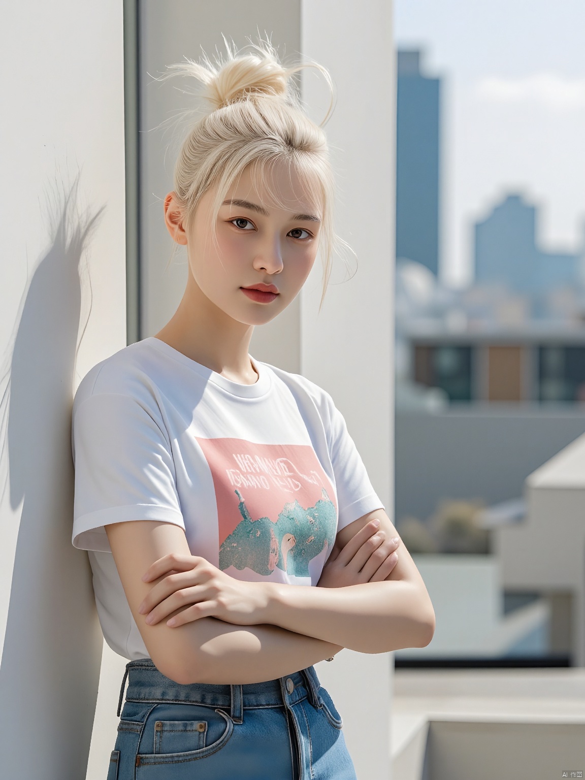 A high-resolution, casual half-body shot depicts a young woman in a graphic T-shirt. Her platinum blonde hair is styled in a messy bun, and she leans against a wall with her arms crossed. The background displays a trendy, urban rooftop terrace with a view of the city skyline.

