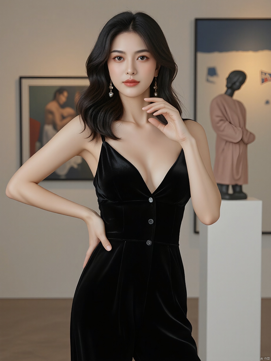 A high-quality, casual half-body portrait features a young woman in a velvet jumpsuit. Her raven-black hair is styled in sleek waves, and she places her left hand on her hip. The background reveals a sophisticated, modern art gallery filled with abstract paintings and sculptures.

