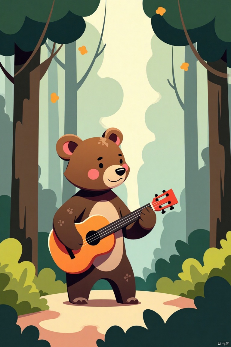  A bear is playing the guitar in the forest. ,chibi,minimalism illustration, flat color