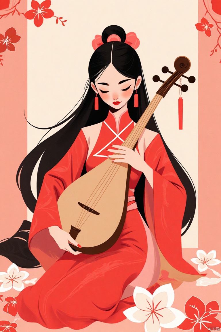 a empic minimalism illustration of  a Chinese girl \(playing instrument,Pipa,solo, Hanfu, closed eyes,sitting,long hair,hair ornament,Chinese clothes, long sleeves, red lips,dress,jewelry,red dress,earrings,full body\), flower, indoors