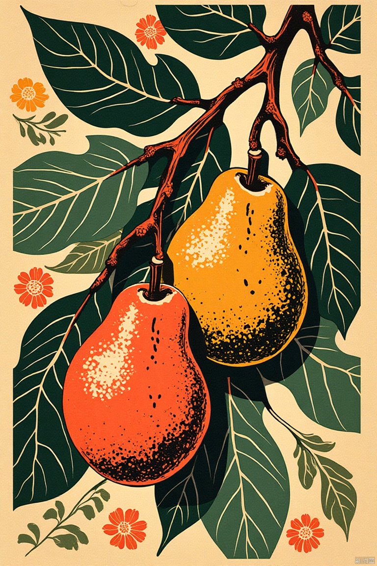 Tom Killion Woodcut prints,illustration,Woodcut,Jungle Book by Tom Duxbury ((with thick lines)). Loose lines, 
an illustration of fruit,leaf,simple background,