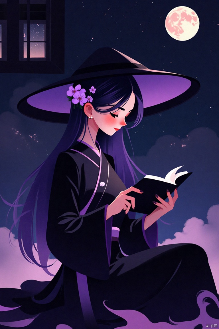 odgoth,A beautiful anime-style illustration of an elegant woman with long hair and wearing Hanfu,sitting in the moonlight reading from her book under a black hat. She has purple flowers on one side of her head,she is smiling softly as if lost within another world. The artwork should have a dark color palette,with soft lighting creating a dreamy atmosphere. In the background there's a small window showing stars and clouds. It must be in full body shot. by Katsuhiro Otomo and Jean Giraud.,,