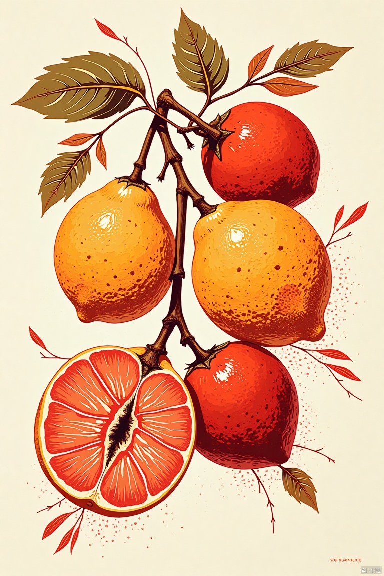 Isometric view, Woodcut prints, etching,letterpress,Woodcut,
design a poster ((with thick lines)), Loose lines. by Tom Duxbury,Tom Killion and  Ray Morimura
﻿There are several fruits with a few leaves,simple background