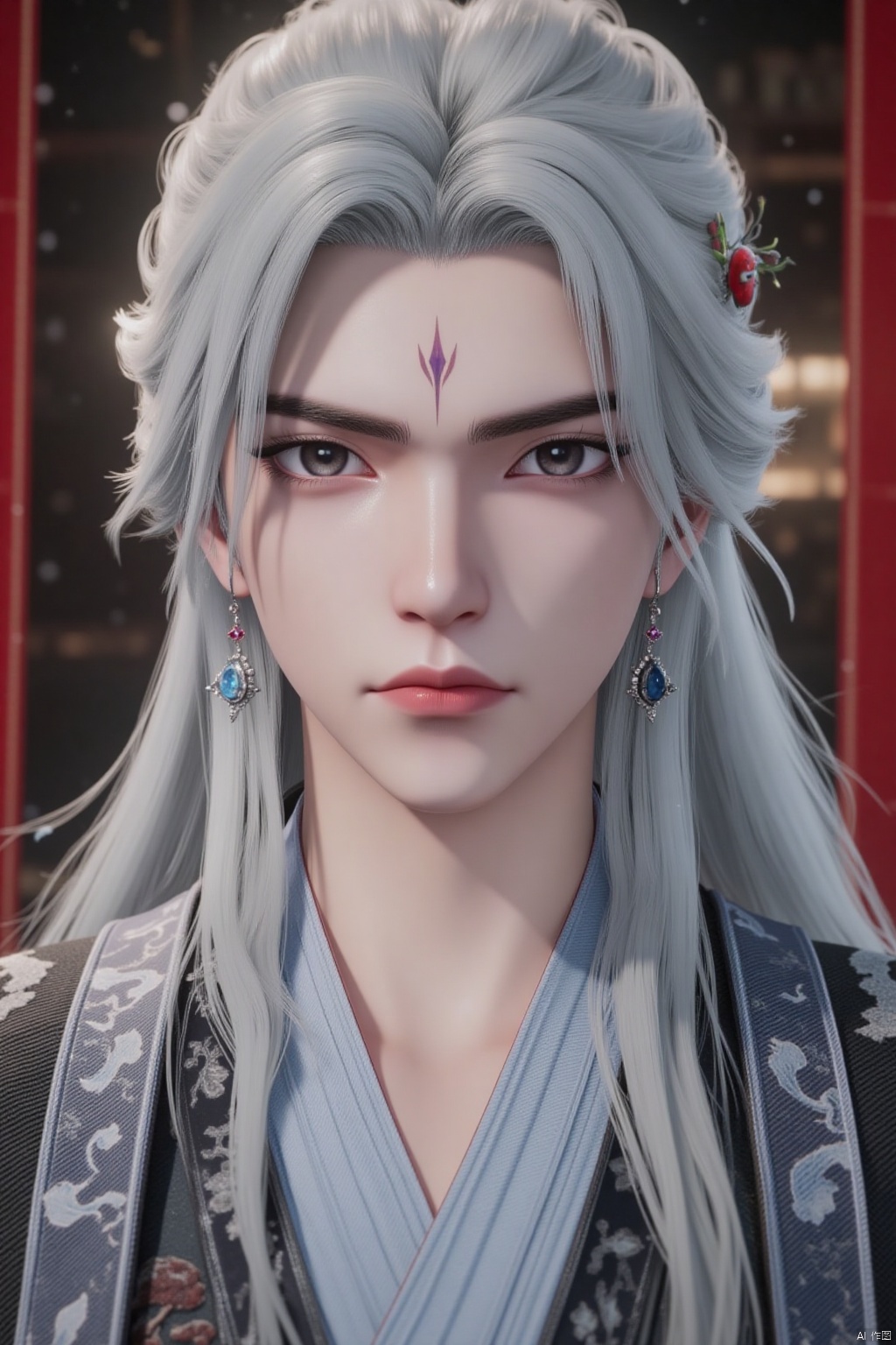 1boy, solo, long hair, looking at viewer, hair ornament, jewelry, closed mouth, upper body, white hair, grey hair, earrings, grey eyes, facial mark, chinese clothes, bug, forehead mark, hanfu