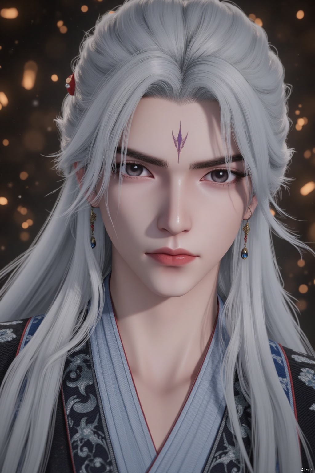 1boy, solo, long hair, looking at viewer, hair ornament, jewelry, closed mouth, upper body, white hair, grey hair, earrings, grey eyes, facial mark, chinese clothes, bug, forehead mark, hanfu