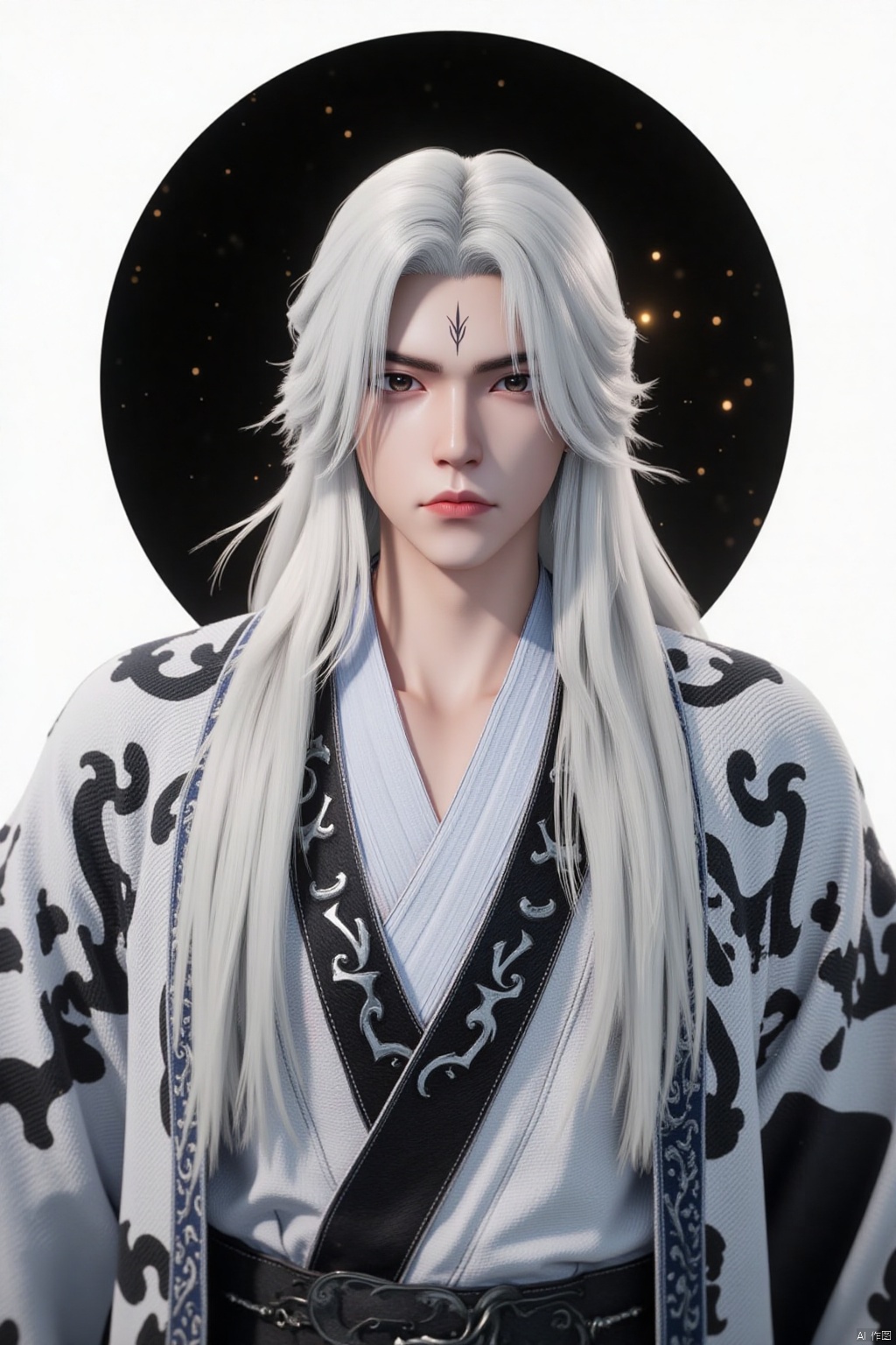 a medium-sized portrait of a Asian man with long white hair, a black and white kimono, and a black sash around his neck. The man's face is adorned with a black star tattoo, adding a touch of contrast to the scene. The backdrop is a stark white, with a circular black circle in the center of the frame, creating a striking contrast.