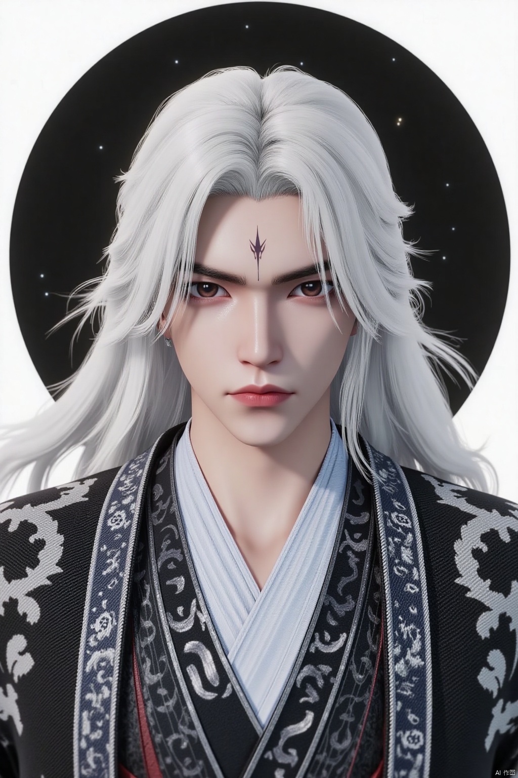 a medium-sized portrait of a Asian man with long white hair, a black and white kimono, and a black sash around his neck. The man's face is adorned with a black star tattoo, adding a touch of contrast to the scene. The backdrop is a stark white, with a circular black circle in the center of the frame, creating a striking contrast.