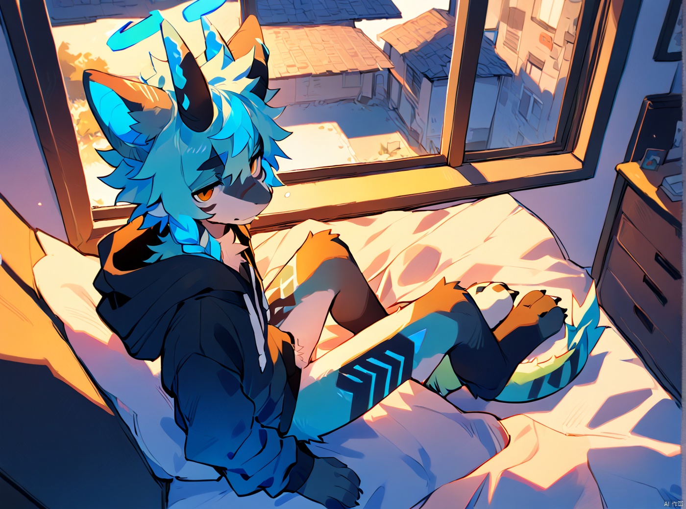(aoino),[swaybat], solo,male_focus,furry,dragon boy, vup-lls,[orange eyes],(streaked hair,black hair,aqua hair,side braid),(green halo,black dragon_horns,halo on dragon_horns,dragon tail),tattoo, (black fur),[green fur], (black sleeveless_hoodie),bottomless,barefoot,BREAK, [bedroom,window,blue_sky], [bed,bed sheet], [from above],half-closed eyes, sitting,on_bed,sleepy,squeans, (masterpiece, best quality:1.1),body fur,Akira,Glitch