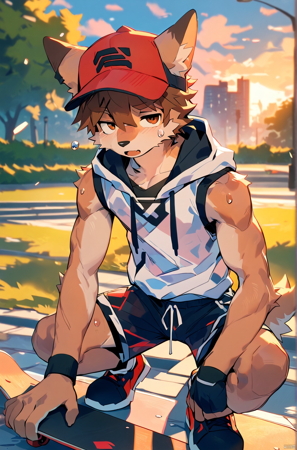 masterpiece, best quality, amazing quality, very aesthetic, high resolution, ultra-detailed, absurdres, newest, scenery, 1boy,male,solo, tsuguxl,brown hair,brown eyes,wristband, (((sleeveless hoodie,hood up),baseball cap,clothes_around_waist,shorts),bodysuit,red cap),white_hoodie, ((one eye half-closed)),concentrating,open mouth,skateboarding, big muscles,big pecs,pectorals,vein, sweat,sweatdrop, outside,park,cloudy sky, BREAK, depth of field, masterpiece, best quality, amazing quality, very aesthetic, high resolution, ultra-detailed, absurdres, newest, scenery, volumetric lighting,Akira,Glitch,body fur,furry