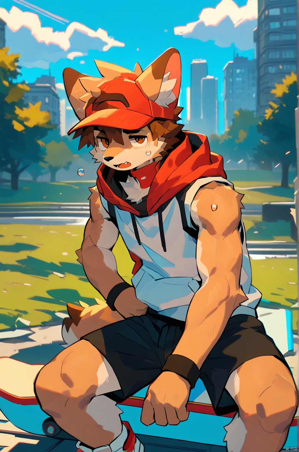 masterpiece, best quality, amazing quality, very aesthetic, high resolution, ultra-detailed, absurdres, newest, scenery, 1boy,male,solo, tsuguxl,brown hair,brown eyes,wristband, (((sleeveless hoodie,hood up),baseball cap,clothes_around_waist,shorts),bodysuit,red cap),white_hoodie, ((one eye half-closed)),concentrating,open mouth,skateboarding, big muscles,big pecs,pectorals,vein, sweat,sweatdrop, outside,park,cloudy sky, BREAK, depth of field, masterpiece, best quality, amazing quality, very aesthetic, high resolution, ultra-detailed, absurdres, newest, scenery, volumetric lighting,Akira,Glitch,body fur,furry,AKIRA