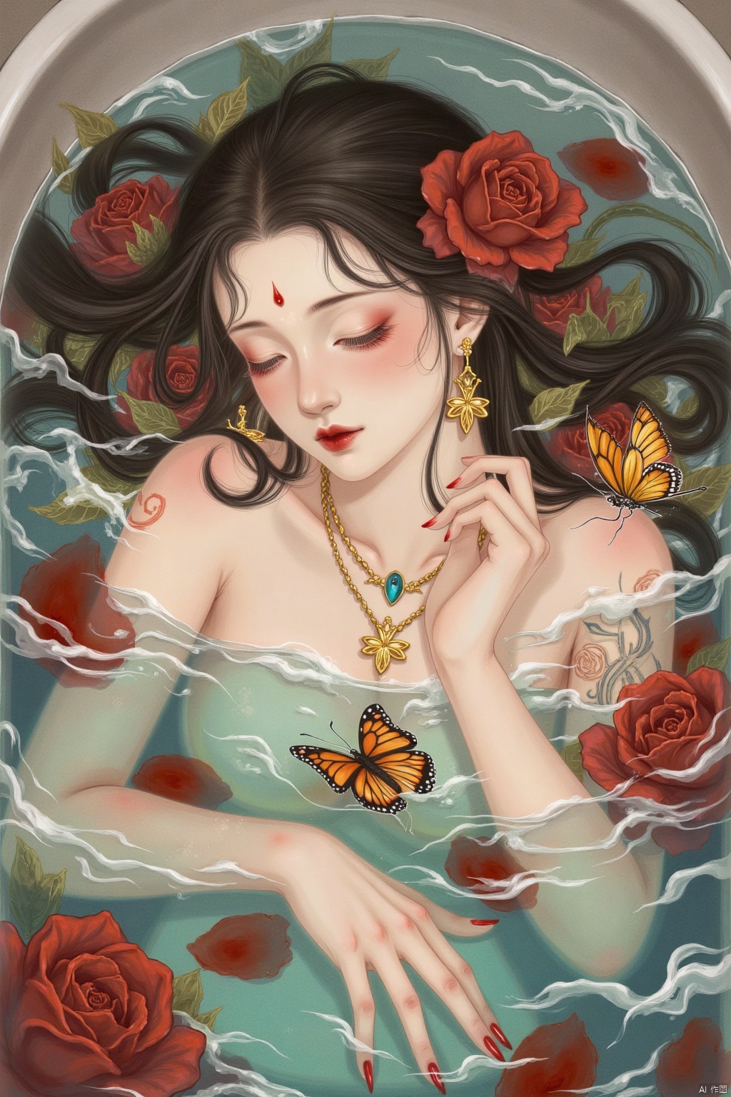 1girl, solo, long hair, black hair, bare shoulders, jewelry, closed eyes, flower, earrings, water, necklace, book, petals, tattoo, makeup, rose,  lipstick, red flower, butterfly, partially submerged, red rose, red lips, bucket, bathing, bath