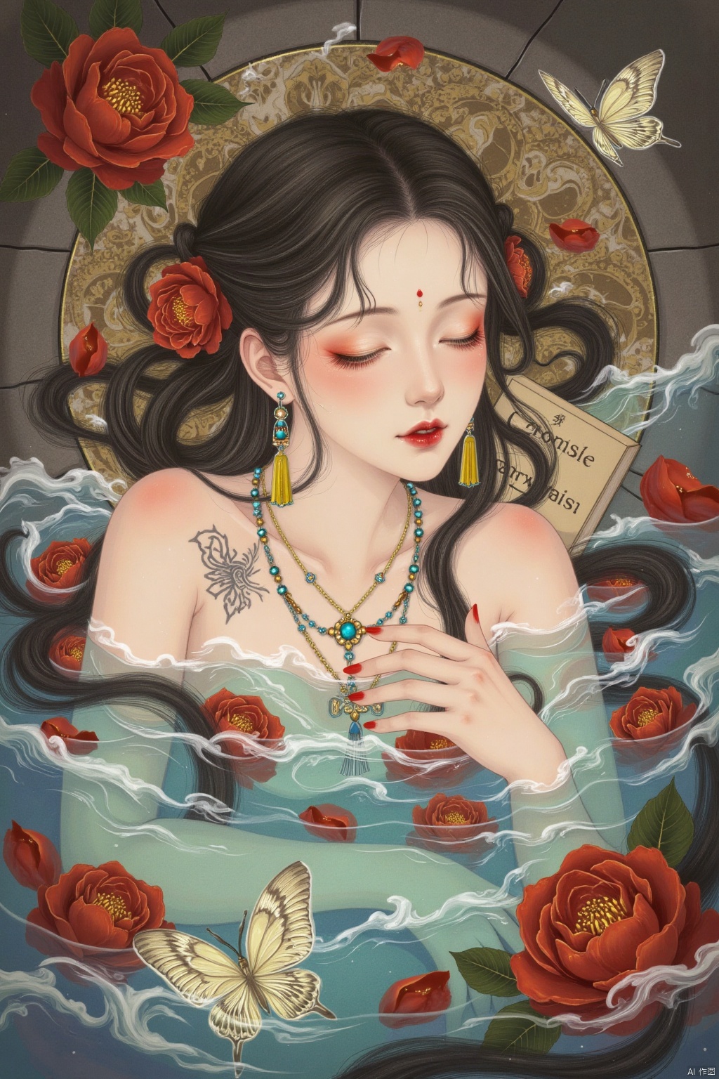 1girl, solo, long hair, black hair, bare shoulders, jewelry, closed eyes, flower, earrings, water, necklace, book, petals, tattoo, makeup, rose,  lipstick, red flower, butterfly, partially submerged, red rose, red lips, bucket, bathing, bath