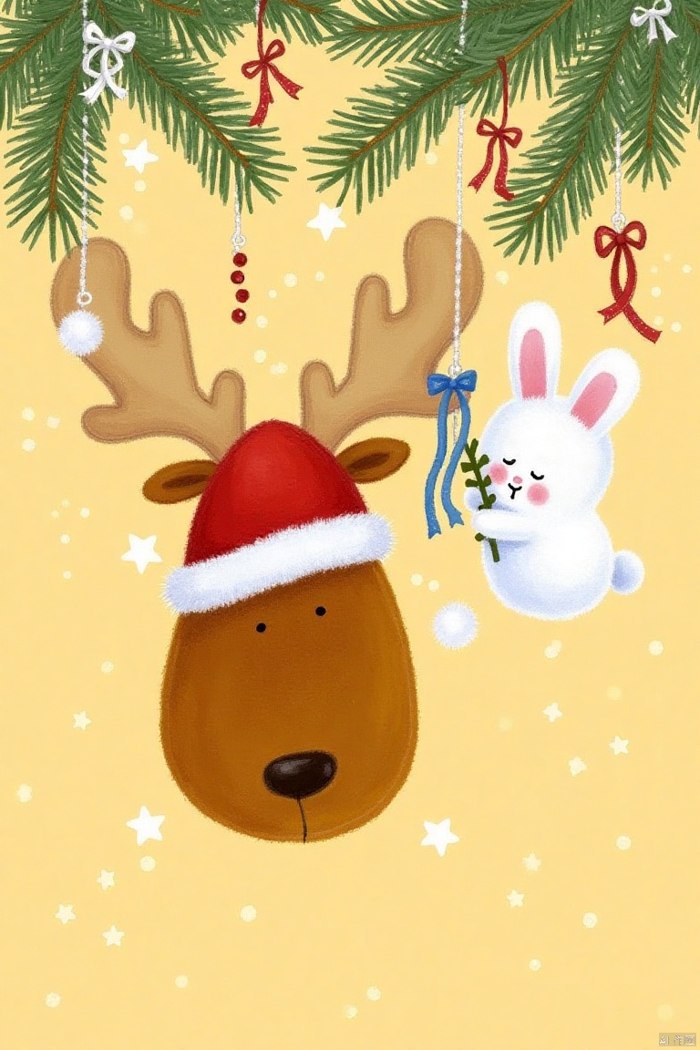 shengdanjie,cartoon,comic,masterpiece,best quality, high quality,8k,highres,
Captured at eye-level, a medium-sized painting of a moose, adorned with a red Santa Claus hat, hangs from a tree branch. The moose's head is adorned with black eyes, a black nose, and a black mouth. Its eyes are closed, adding a smile to the scene. The background is a muted yellow, with white stars dotting the surface. Adjacent to the moose is a white rabbit, its head turned to the right, holding a branch with blue and red ribbons.



