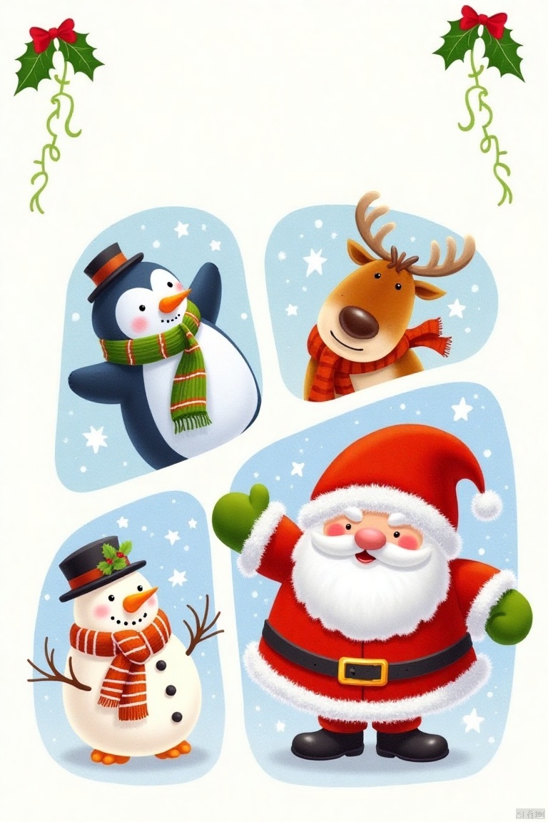 shengdanjie,cartoon,comic,masterpiece,best quality, high quality,8k,highres,
a collage of Santa Claus, a reindeer, and a penguin are depicted against a white backdrop. The Santa Claus is dressed in a red and white Santa suit, with a white beard and moustache. His hands are covered in green gloves, and he has a white pom-pom on his head. His eyes are a bright red, and his nose is a bright orange. The penguin is adorned with a green scarf and a gray hoodie. The snowman is wearing a black hat, a red scarf, and an orange and white striped scarf. His mouth is slightly open, as if he is smiling. The background is a light blue, with white stars and green holly leaves on the top left corner.



