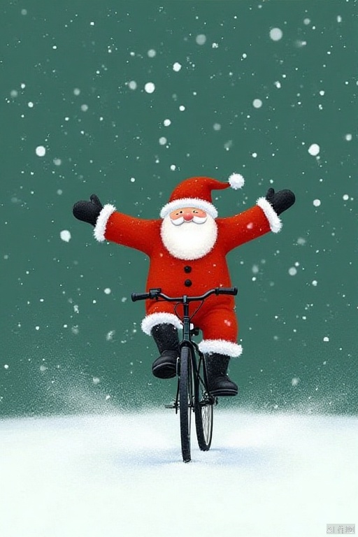 shengdanjie,cartoon,comic,masterpiece,best quality, high quality,8k,highres,
Captured at eye-level, a cartoon Santa Claus is seen riding a bicycle on a snow-covered surface. The bicycle is black, with a black handlebar. The Santa Claus, dressed in a red Santa suit, is adorned with a white beard and a white Santa hat. His arms are outstretched, adding a touch of balance to the scene. The backdrop is a dark green, with white snowflakes falling from the sky.



