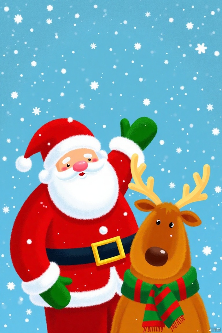 shengdanjie,cartoon,comic,masterpiece,best quality, high quality,8k,highres,
Captured at eye-level, a medium-sized portrait of Santa Claus and a reindeer are depicted against a backdrop of a blue sky filled with white snowflakes. The Santa Claus is dressed in a red and white suit, adorned with a black belt and a gold buckle. His hands are adorned with green gloves, adding a touch of warmth to the scene. The reinde is adorned in a green and red scarf, adding festive touch to the composition.

