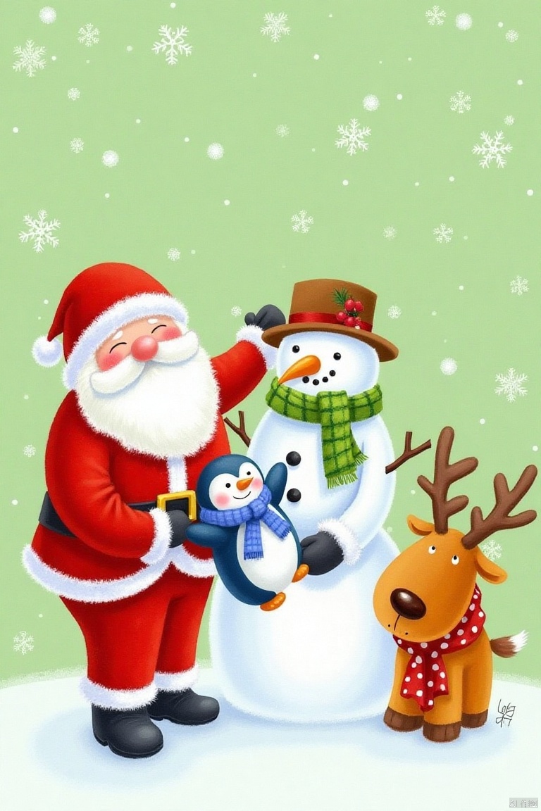 shengdanjie,cartoon,comic,masterpiece,best quality, high quality,8k,highres,
A medium-sized painting of Santa Claus, a snowman, and a reindeer. The Santa Claus is wearing a red suit with a white beard and a red hat. The snowman is dressed in a green scarf and a brown hat with a red bow on it. He is holding a blue and white penguin in his hand. The reinde is wearing red and white polka dots. The background is a light green color with white dots.

