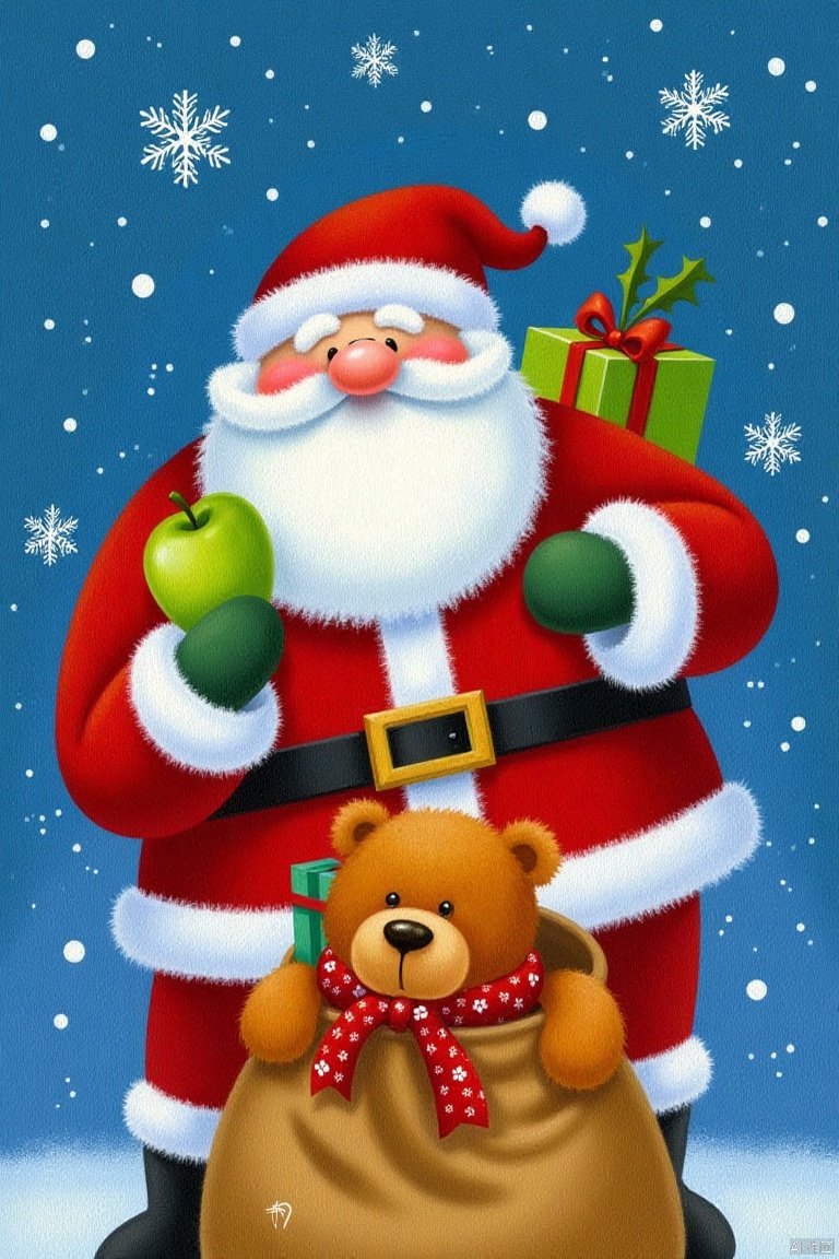 shengdanjie,cartoon,comic,masterpiece,best quality, high quality,8k,highres,
Captured at eye-level, a medium-sized painting of Santa Claus, dressed in a red and white Santa suit, adorned with a green apple and a brown teddy bear, sitting in a brown bag, holding a green gift box. The Santa Claus is adorned with white fur, a white beard, and a red hat. The background is a deep blue, dotted with white snowflakes, adding a festive touch to the scene.



