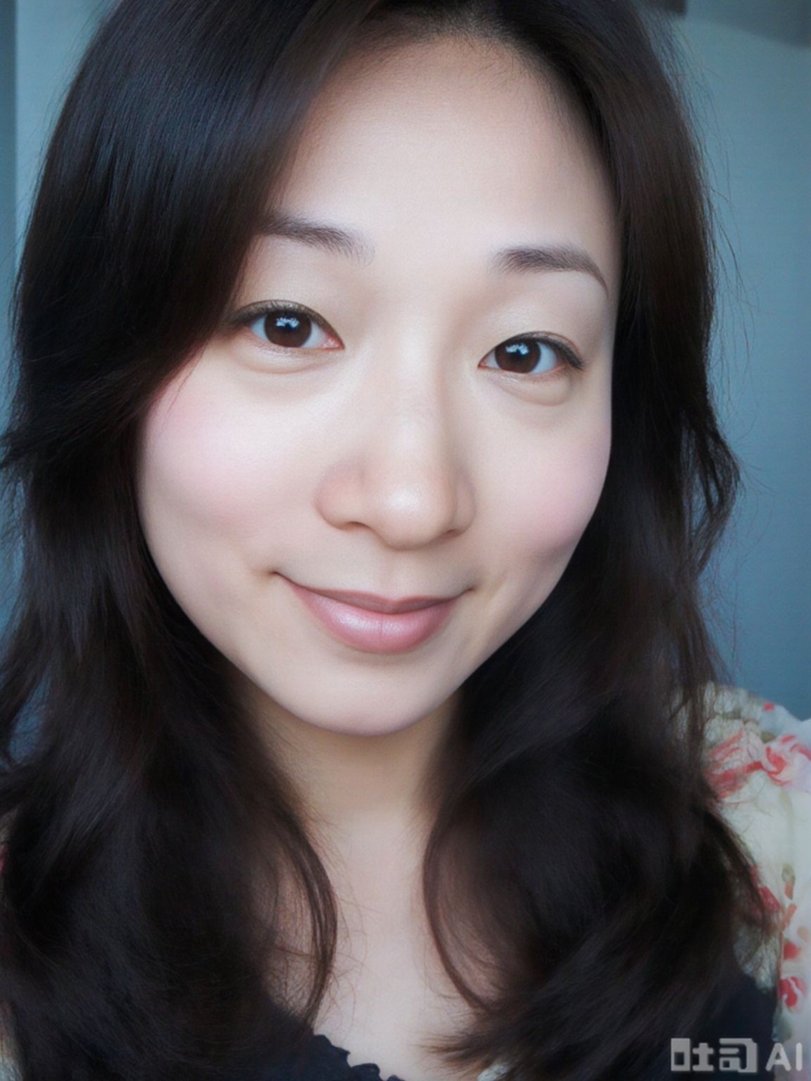 1girl, solo, long hair, looking at viewer, smile, black hair, closed mouth, upper body, black eyes, lips, realistic