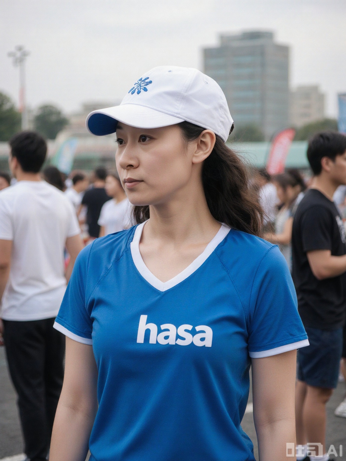The image shows a woman wearing a white cap and a blue sports top with white trim. The top has the word "hasa" printed on it, along with a logo. The background is slightly blurred, featuring other people dressed in casual or athletic attire, suggesting a public or outdoor event. The overall setting appears to be vibrant and active.