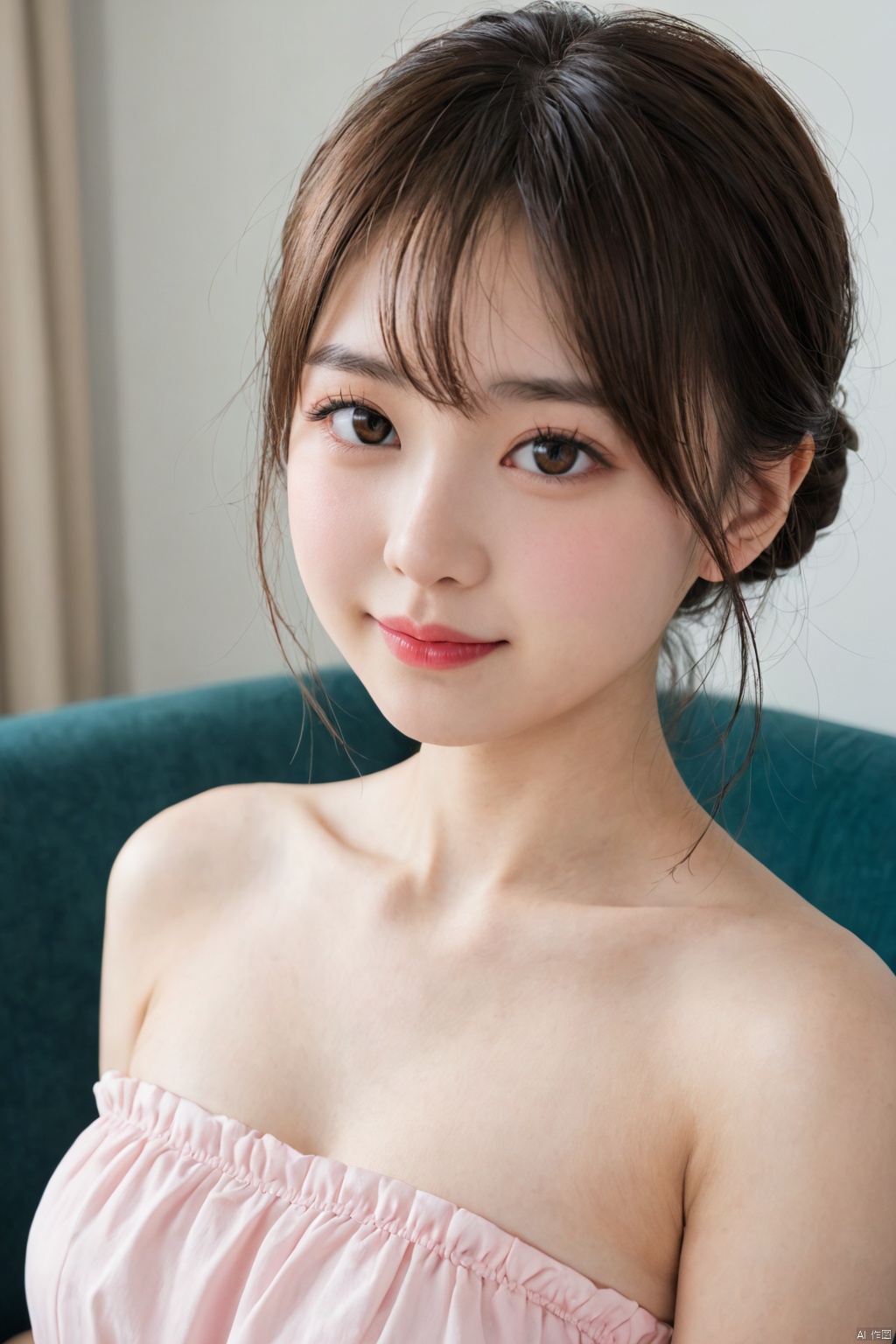 Cute close-up of a 15-year-old girl, upper body,strapless top,exposed shoulders