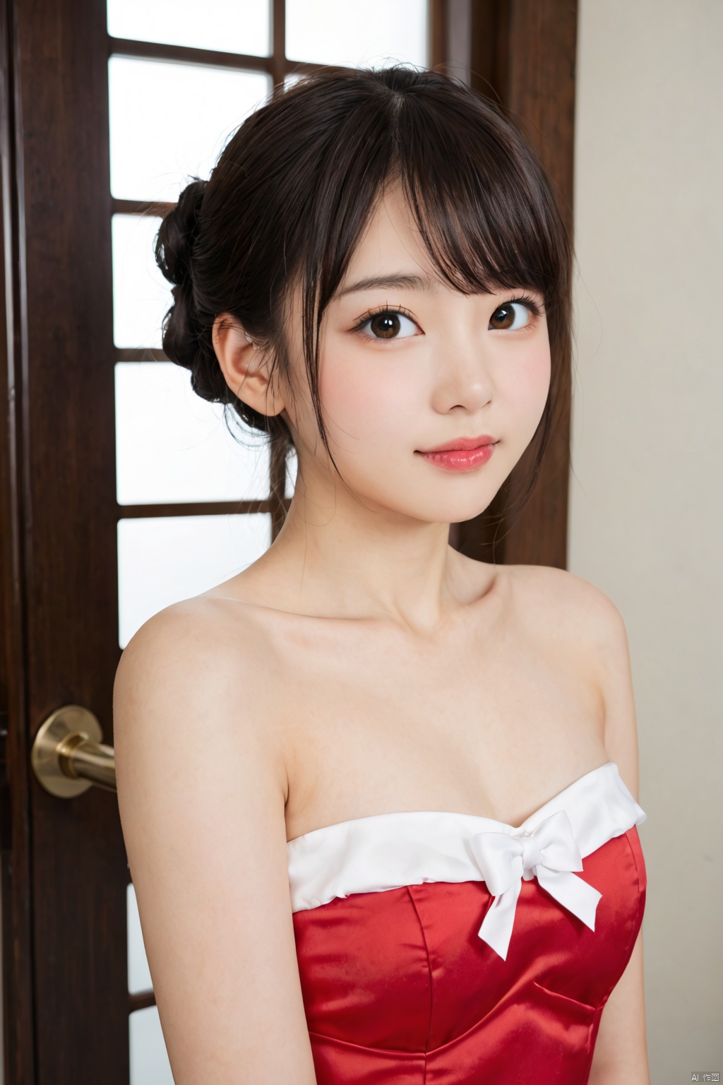Cute close-up of a 15-year-old girl, upper body,strapless top,exposed shoulders