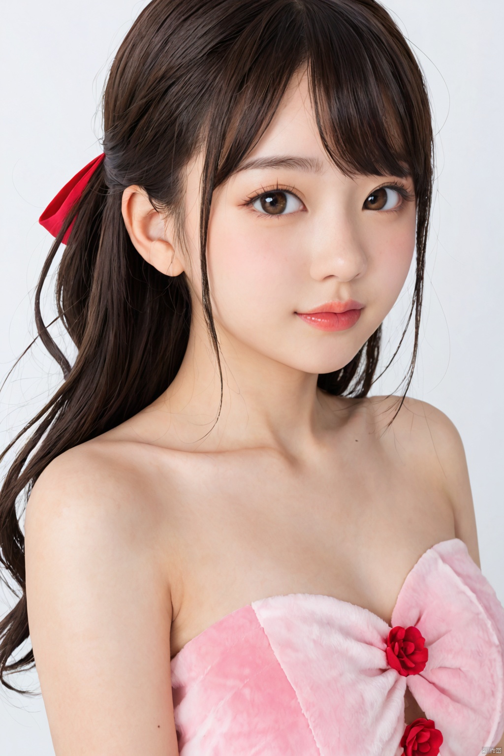 Cute close-up of a 15-year-old girl, upper body,strapless top,exposed shoulders