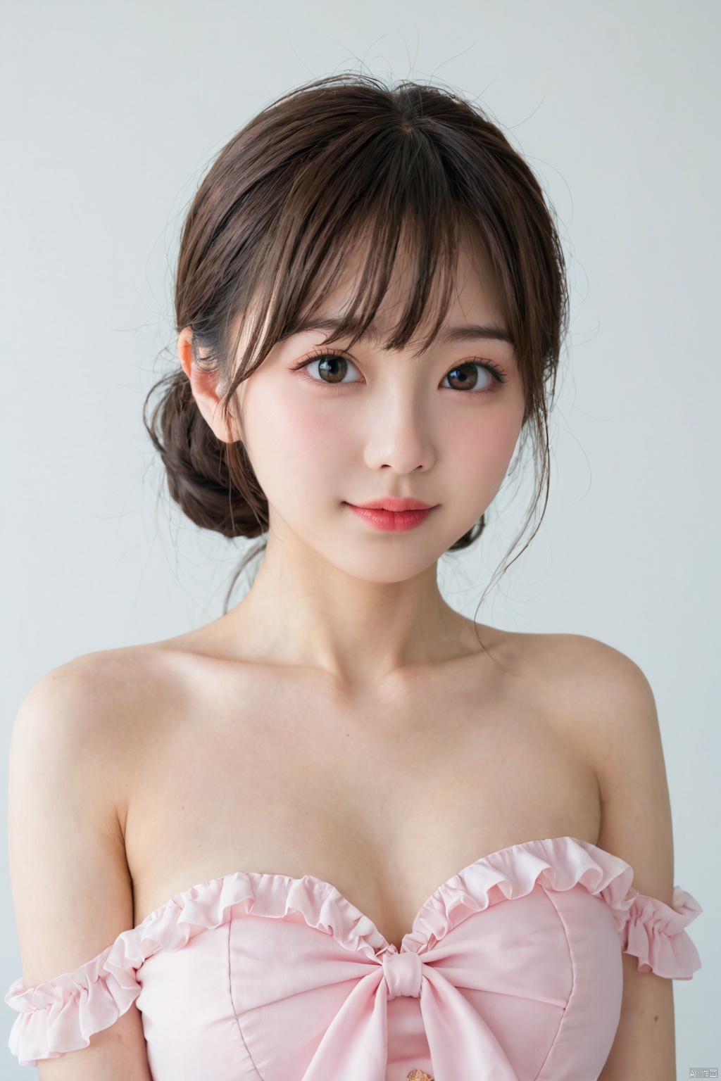 Cute close-up of a 15-year-old girl, upper body,strapless top,exposed shoulders