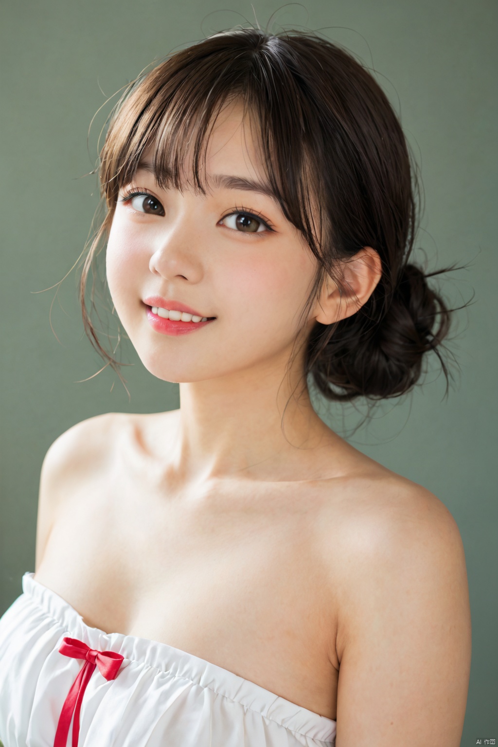 Cute close-up of a 15-year-old girl, upper body,strapless top,exposed shoulders